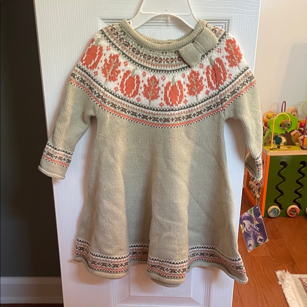 Cozy Knit Kids Dress with Pumpkin and Leaf Orange Accents
